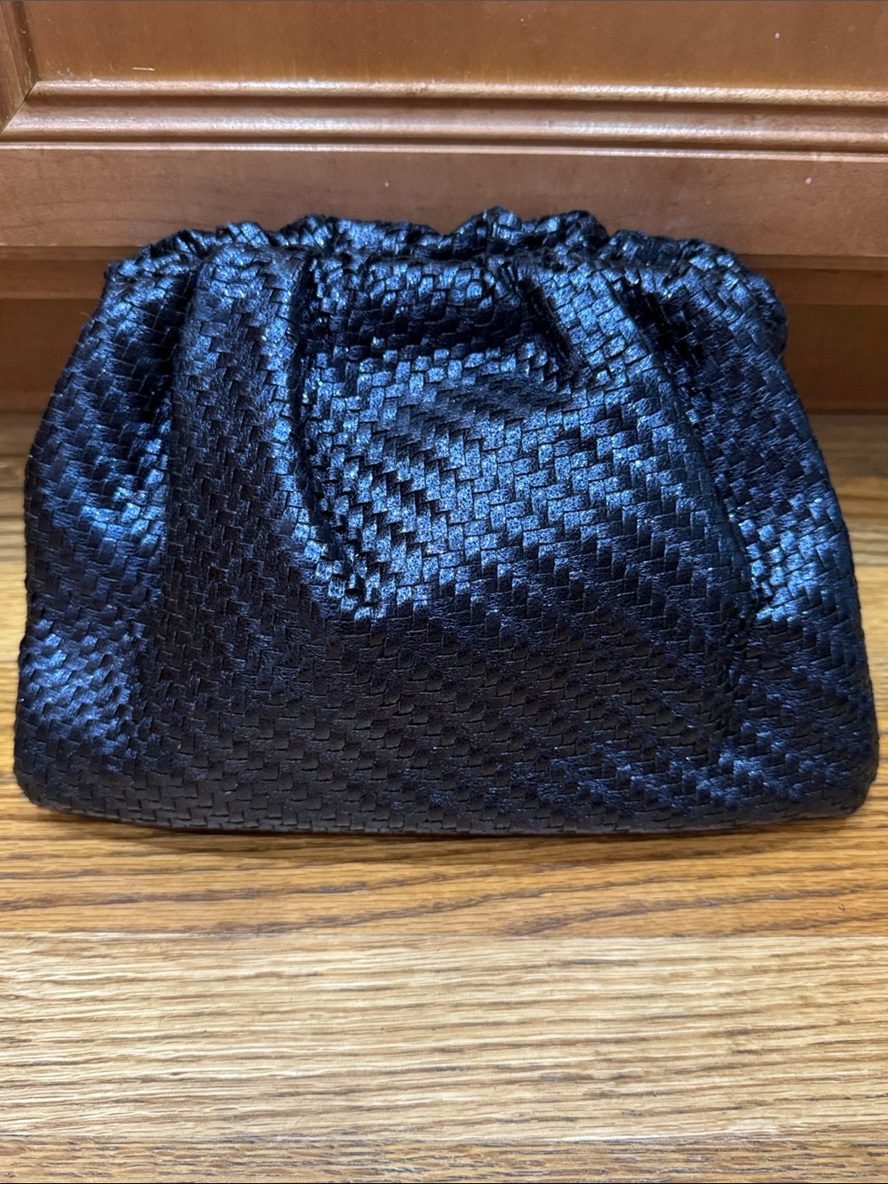 Navy Woven Shiny Chain-Handle Bag with Snap Closure, Clutch
